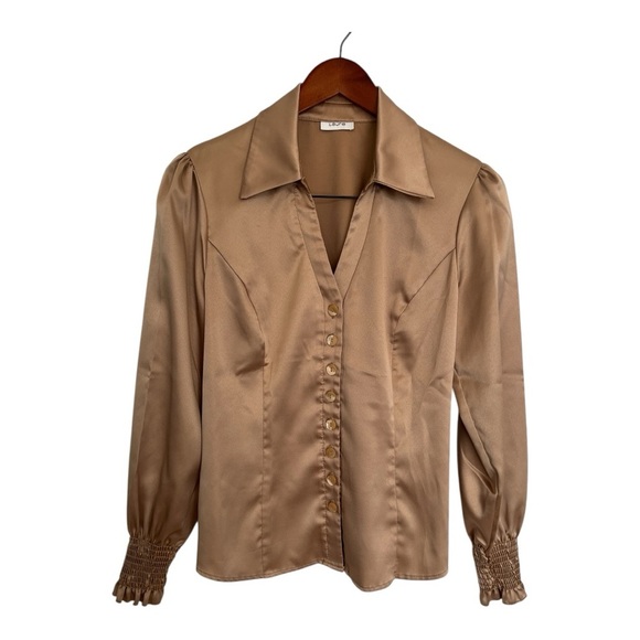Laura gold Tan Blouse smocked cuffs size 6 - Picture 1 of 6